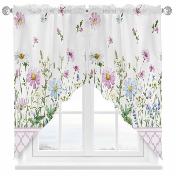 Spring Wildflowers Swag Kitchen Curtain Valances, Pink Morocco Blue Flower Plant Country Rod Pocket Curtains Window Treatment Decor Valances for Bedroom Bathroom, 2 Panels 28 x 36 Inch
