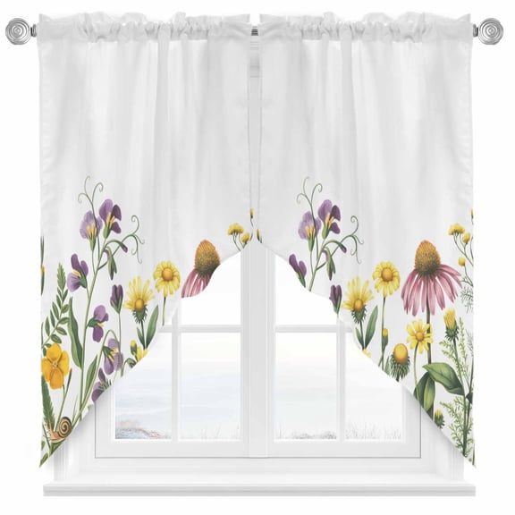 Spring Wildflowers Swag Kitchen Curtain Valances, Summer Country Style Plants Leaf Flowers Rod Pocket Curtains Window Treatment Decor Valances for Bedroom Bathroom, 2 Panels 28 x 36 Inch