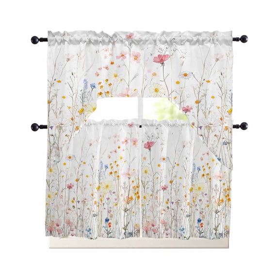 Spring Wildflowers Swag Kitchen Curtains Sets for Windows 24 Inch Length, Pastoral Rustic Farmhouse Botanical Short Window Curtain Panels Swags Valances and Tiers 3 Piece Set for Cafe/Dining Room