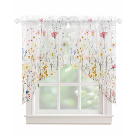 Spring Wildflowers Swag Valances for Windows, Pastoral Rustic Farmhouse Botanical Rod Pocket Sheer Valances for Large Windows, Swag Toppers Light Filtering for Kitchen Living Room 2 Panels 36''x45''