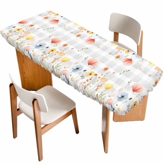Spring Wildflowers Table Cloths for 8 Foot Rectangle Tables, Watercolor Country Botanical Floral Patio Waterproof Elastic Fitted Tablecloths, Washable Rectangular Table Cover for Camping