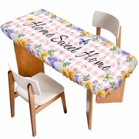 Spring Wildflowers Table Cloths for 8 Foot Rectangle Tables, Watercolor Floral Butterflies Pink Plaid Patio Waterproof Elastic Fitted Tablecloths, Washable Rectangular Table Cover for Camping
