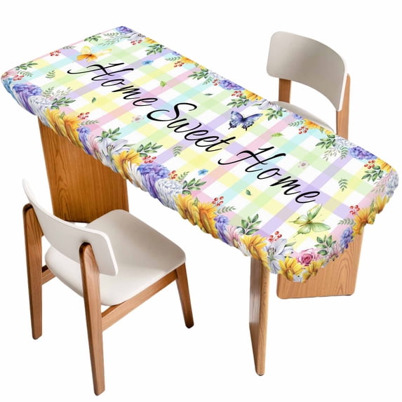 Spring Wildflowers Table Cloths for 8 Foot Rectangle Tables, Watercolor Floral Leaf Colorful Plaid Patio Waterproof Elastic Fitted Tablecloths, Washable Rectangular Table Cover for Camping