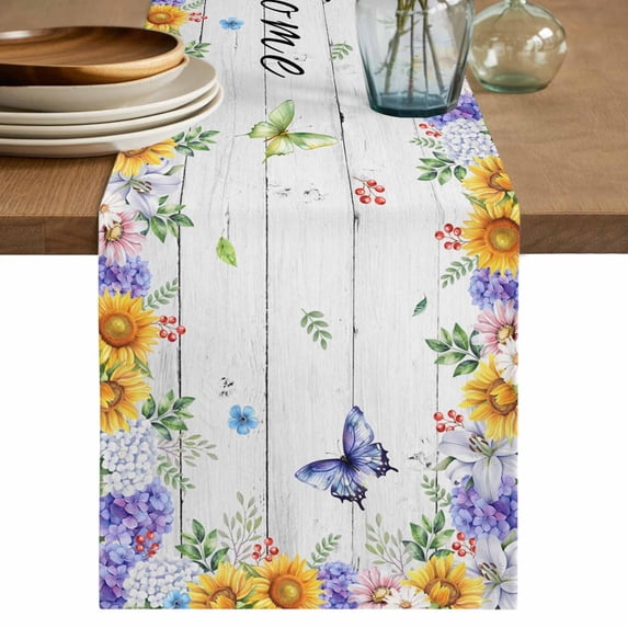 Spring Wildflowers Table Runner 60 Inches, Watercolor Floral Leaf Wood Grain Bed Runner Dresser Scarves Tabletop for Indoor Outdoor Parties/Ceremony/Banquet, 13" x 60"