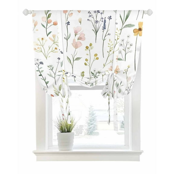 Spring Wildflowers Tie Up Curtains for Window, Thermal Insulated Balloon Shade Adjustable Rod Pocket Curtains Valance Panels for Kitchen Bathroom Cafe 52 x 63 Rustic Botanical Floral