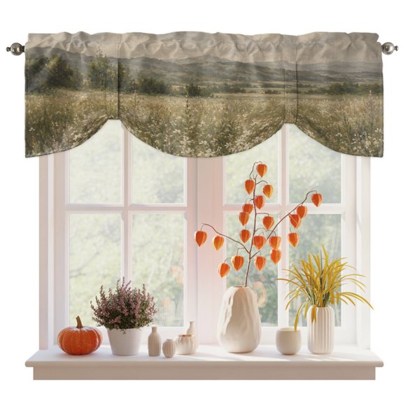 Spring Wildflowers Tie Up Valance Curtains for Windows, Kitchen Curtains Window Treatments, Rustic Farmhouse Flowers Cloud Scenery Short Window Shades Valances for Bedroom Bathroom Cafe 42"x12"