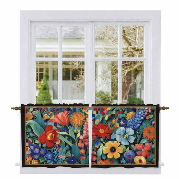 Spring Wildflowers Tier Curtains 24 Inch Length, Modern Abstract Daisy Floral Leaves Cafe Short Curtains for Bathroom Over Sink, Small Kitchen Curtain Light Filtering Drapes 2 Panels 27.5"Wx24"L