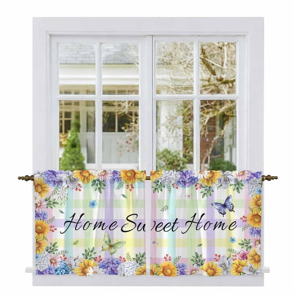 Spring Wildflowers Tier Curtains 24 Inch Length, Watercolor Floral Leaf Colorful Plaid Cafe Short Curtains for Bathroom Over Sink, Small Kitchen Curtain Light Filtering Drapes 2 Panels 27.5"Wx24"L