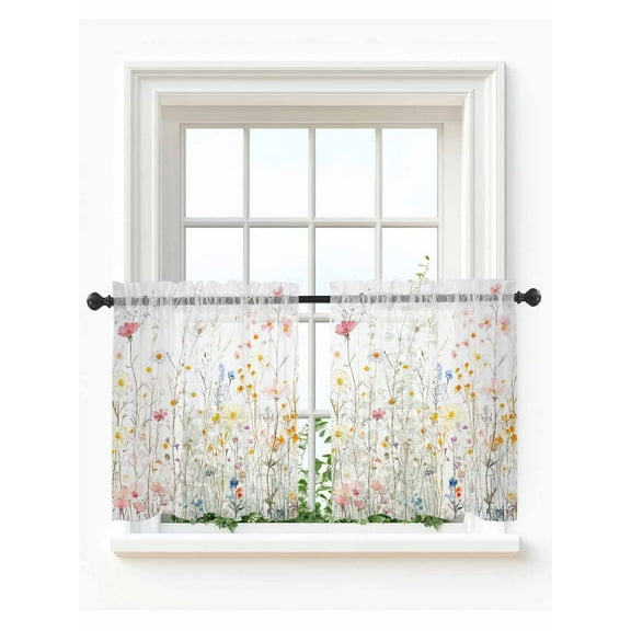Spring Wildflowers Tier Curtains 36 Inch Length,Sheer Curtains for Bedroom Living Room,Pastoral Rustic Farmhouse Botanical Rod Pocket Voile Drapes Kitchen Curtains for Small Window 27.5"x36" 2 Panels