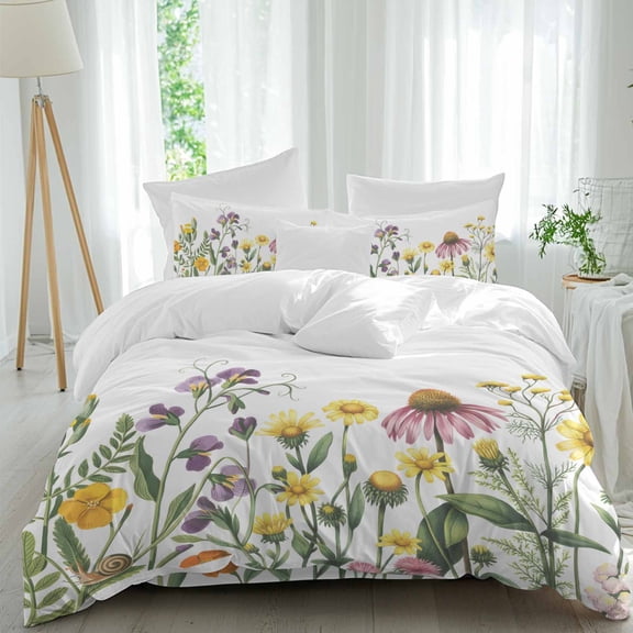Spring Wildflowers Twin Size Comforter Set, Summer Country Style Plants Leaf Flowers Bedding for All Seasons, 4 Pcs Bed Set, 1 Quiltcover (68"x86") ,1Sheet(67"x116"), 2Pillowcases (30"x20")