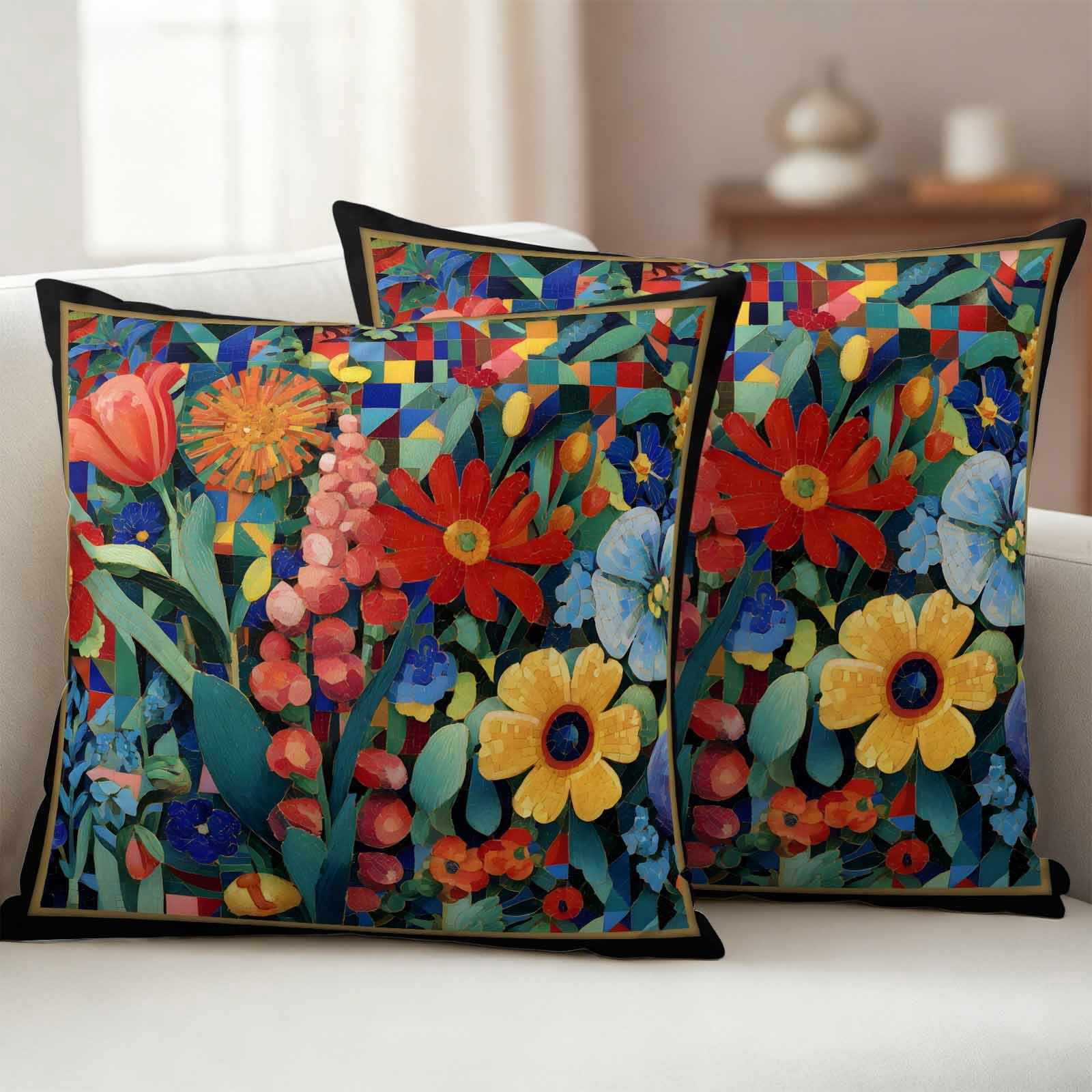 Spring Wildflowers Waterproof Outdoor Throw Pillow Covers 26"x26" Pack 2, Pillow Cases Throw Cushion Cover with Zipper, Modern Abstract Art Daisy Floral Leaves Washable Pillowcase for Poolside Sofa