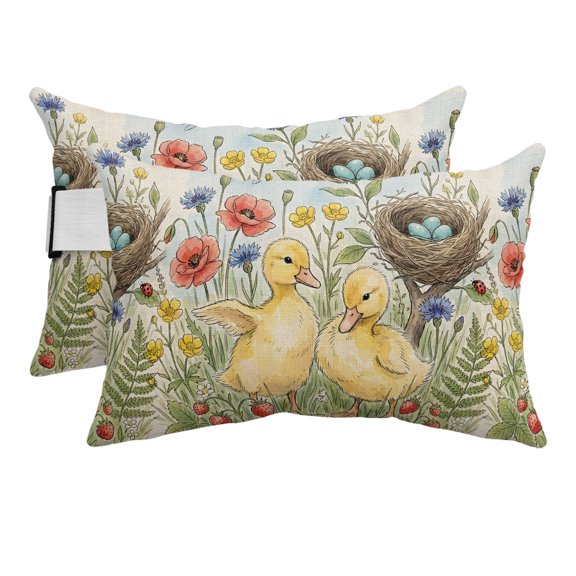 Spring Wildlife Outdoor Pillows for Chaise Lounge Chair Beach Headrest Pillow Set of 2 Waterproof Lumbar Pillows with Insert&Strap Rural Meadow Poppy Flowers Duck Watercolor Pool Pillow 12"x20"