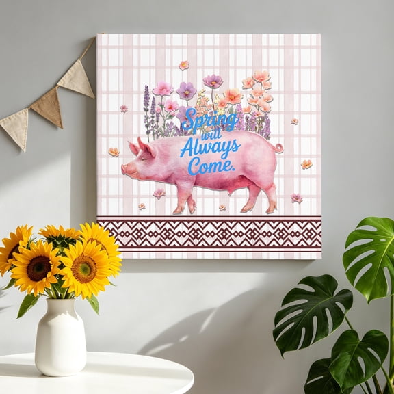 Spring Will Always Come Canvas Wall Art, Funny Pig Rustic Wildflower Pink Stripes Pictures Wall Decor Wooden Framed Artwork Art Prints for Living Room Hallway Bedroom Office 8"x8"
