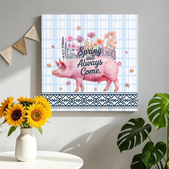 Spring Will Always Come Canvas Wall Art for Living Room, Funny Pig Rustic Wildflower Blue Stripes Wall Decor Framed Artwork Pictures Ready to Hang for Bedroom Office Home Decor 12x12 Inch