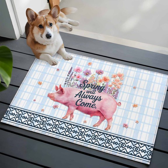 Spring Will Always Come Front Door Rugs 2x3 ft Funny Pig Rustic Wildflower Blue Stripes Small Rug for Entryway Non Slip Washable Bathroom Door Mat Absorbent Floor Mat for Indoor Entrance