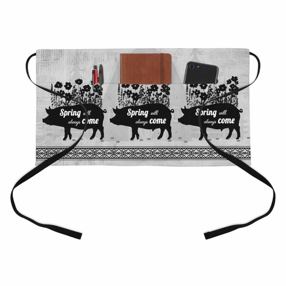 Spring Will Always Come Kitchen Restaurant Half Waist Apron, Black Pig Silhouette Rustic Wildflower Retro Server Short Apron with 3 Pockets Waterproof Oil Waist Aprons for Women Waitress Waiter
