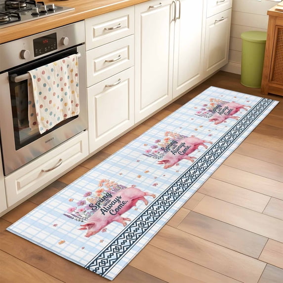 Spring Will Always Come Runner Rugs 2x6 ft Funny Pig Rustic Wildflower Blue Stripes Washable Hallway Rugs Non-Slip Floor Mats Absorbent Carpet Bedside Runners for Bedroom Kitchen Laundry Room