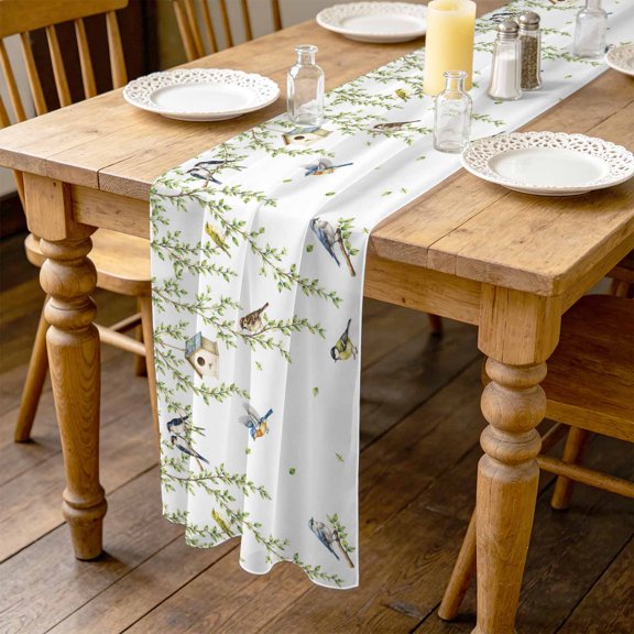 Spring Willow Birds 10ft Cheesecloth Table Runner for Wedding 27"x120", Rustic Green Vines Twigs Leaves Botanical Kitchen Dinner Sheer Tulle Chiffon Dresser Scarf, Holiday Party Decorations