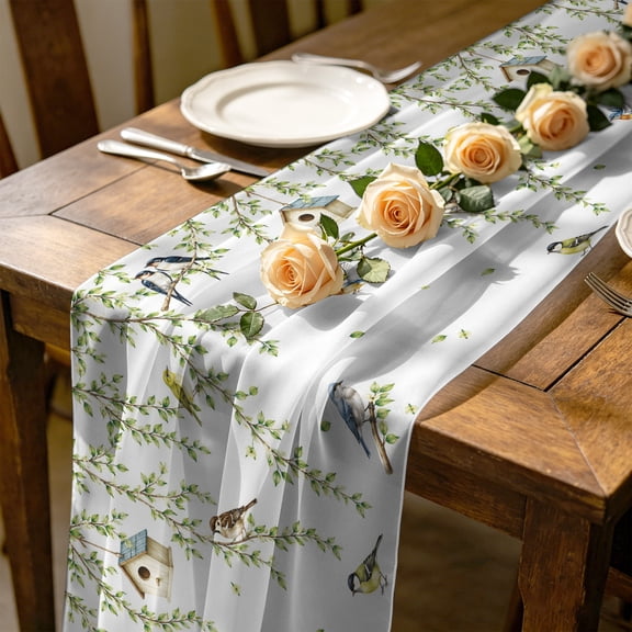 Spring Willow Birds 4.5 ft Cheesecloth Table Runner for Wedding 19"x55", Rustic Green Vines Twigs Leaves Botanical Kitchen Dinner Sheer Tulle Chiffon Dresser Scarf, Holiday Party Decorations