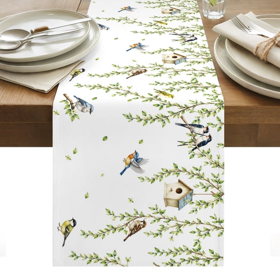 Spring Willow Birds Cotton Linen Table Runner Rustic Green Vines Twigs Leaves Botanical Dining Table Runners for Home Decor Party Dining Room Restaurant Kitchen Party 13" x 48"