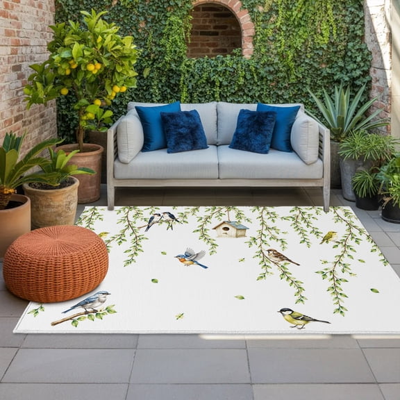 Spring Willow Birds Indoor Outdoor Rugs 3x5 Ft, Rustic Green Vines Twigs Leaves Botanical Outdoor Patio Rugs Mat Washable Outside Area Rugs Carpet for Porch Deck RV Camping Pool Balcony Backyard