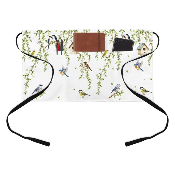 Spring Willow Birds Kitchen Restaurant Half Waist Apron, Rustic Green Vines Twigs Leaves Botanical Server Short Apron with 3 Pockets Waterproof Oil Waist Aprons for Women Waitress Waiter