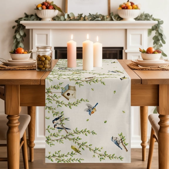 Spring Willow Birds Table Runner 13x36 Inch Rustic Green Beige Vines Leaves Botanical Cotton Linen Dining Table Runner Ideal for Dresser Kitchen Coffee Tables - Machine Washable