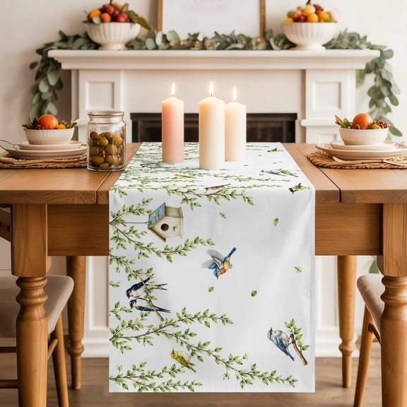 Spring Willow Birds Table Runner 13x48 Inch Rustic Green Vines Twigs Leaves Botanical Cotton Linen Dining Table Runner Ideal for Dresser Kitchen Coffee Tables - Machine Washable