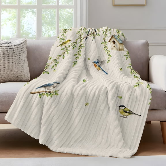 Spring Willow Birds Throw Blanket for Couch Rustic Green Beige Vines Leaves Botanical Soft and Warm Flannel 3D Striped Fluffy Fuzzy Fleece Blanket Lightweight Throw for Bed, Sofa 50 x 60 Inches