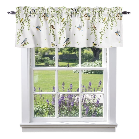 Spring Willow Birds Valances for Windows, Rustic Green Vines Twigs Leaves Botanical Rod Pocket Valance Short Window Treatments Curtains for Kitchen Bathroom Bedroom Decor, 42 x 12 Inches