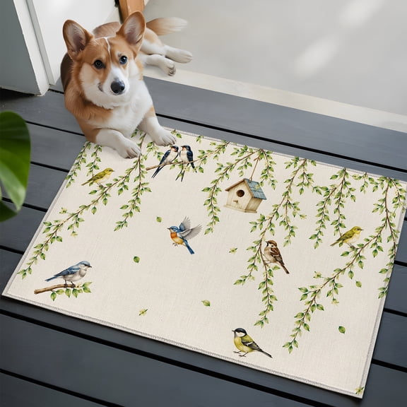Spring Willow Birds Washable Entry Rug 2x3 Rustic Green Beige Vines Leaves Botanical Low Pile Indoor Door Mat with Rubber Backing Thin Area Rug for for Entrance, Bedroom, Kitchen, Laundry, Bathroom