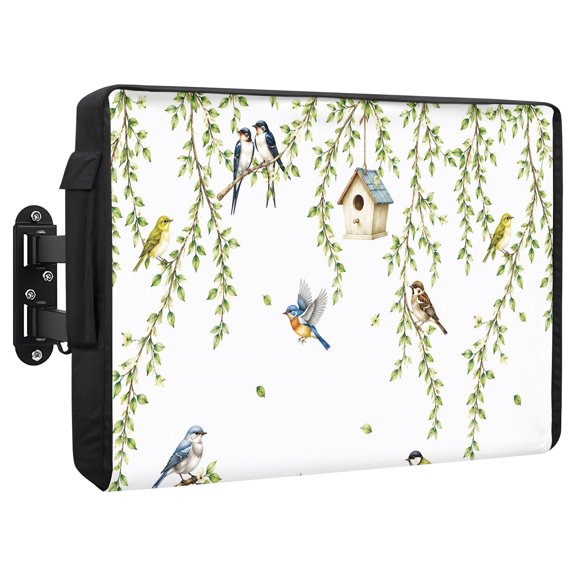 Spring Willow Birds Waterproof Outdoor TV Cover, Rustic Green Vines Twigs Leaves Botanical Outside Weatherproof TV Enclosures for 30 to 32 Inch LCD Television Shield Flat Screen Protectors