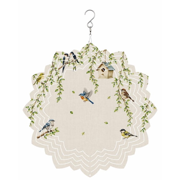 Spring Willow Birds Wind Spinner for Garden Yard 8In, Rustic Green Beige Vines Leaves Botanical 3D Stainless Steel Kinetic Hanging Wind Spinners Rustproof Outdoor Decor for Lawn Patio Home