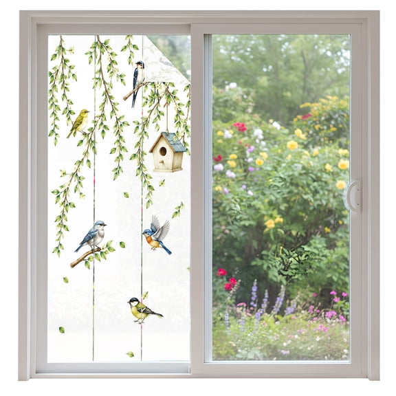Spring Willow Birds Window Privacy Film Rustic Green Vines Twigs Leaves Botanical Decorative Glass Window Film UV Blocking Static Cling Non-Adhesive Sticker Covering for Home Door 35.4x78.7 inches
