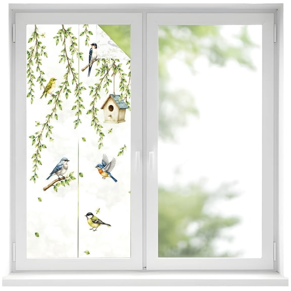 Spring Willow Birds Window Privacy Film, Rustic Green Vines Twigs Leaves Botanical Frosted Glass Window Clings Static Cling UV Heat Blocking Reusable Door Sticker for Bathroom 19.6 x 39.3 Inch