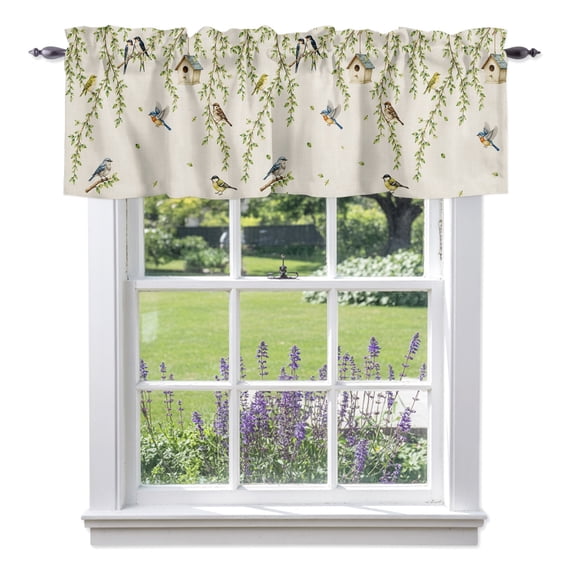 Spring Willow Birds Window Valance for Kitchen, Rustic Green Beige Vines Leaves Botanical Rod Pocket Short Curtains for Small Windows, Light Filtering Decorative Valances, 42 x 12 Inches