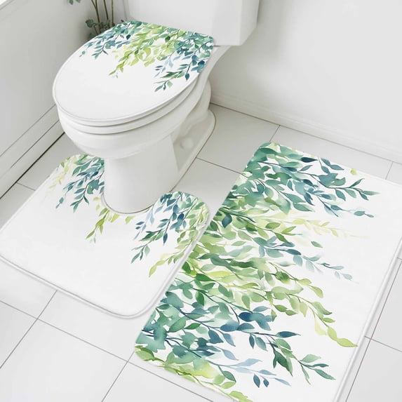 Spring Willow Leaves Bathroom Rugs Set Green Blue Watercolor Plant Non Slip Absorbent Soft Bath Mats 3 Piece Set with Bathroom Rug, U-Shaped Floor Mat, Toilet Seat Cover Small Size