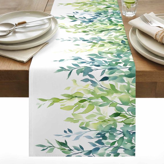 Spring Willow Leaves Cotton Linen Table Runner Green Blue Watercolor Plant Dining Table Runners for Home Decor Party Dining Room Restaurant Kitchen 13" x 36"