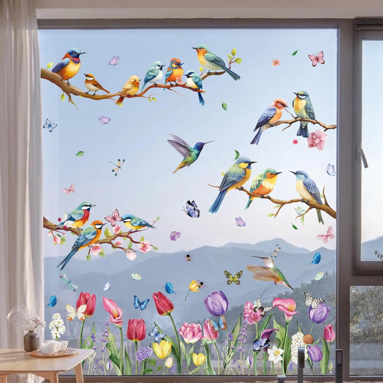 Spring Window Clings, 9 Sheets 76 PCS Tulip Window Clings with Bird Branch Butterfly Double Sided Reusable Spring Holiday Decorations Spring Decor for Room Office