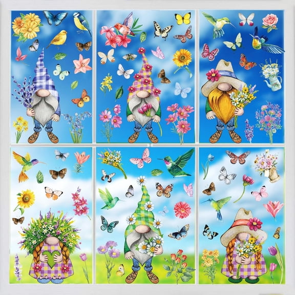 Spring Window Clings Gnomes Stickers – 9 Sheets Double-Sided Decals for Home, School, Office - Party Supplies Included for Festive Decoration