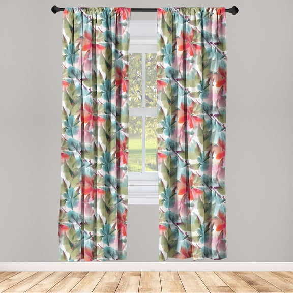 Spring Window Curtains, Abstract Flowers Pattern Vintage Watercolor Stye Art on Plain Back, Lightweight Decor 2-Panel Set with Rod Pocket, Pair of - 28"x63", Scarlet and Pale Blue Grey, by Ambesonne