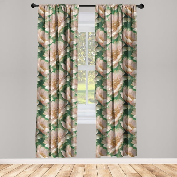 Spring Window Curtains, Bold Peachy Petals with Blurry Shadows on Nature Inspired Backdrop, Lightweight Decor 2-Panel Set with Rod Pocket, Pair of - 28"x95", Pale Rose and Fern Green, by Ambesonne