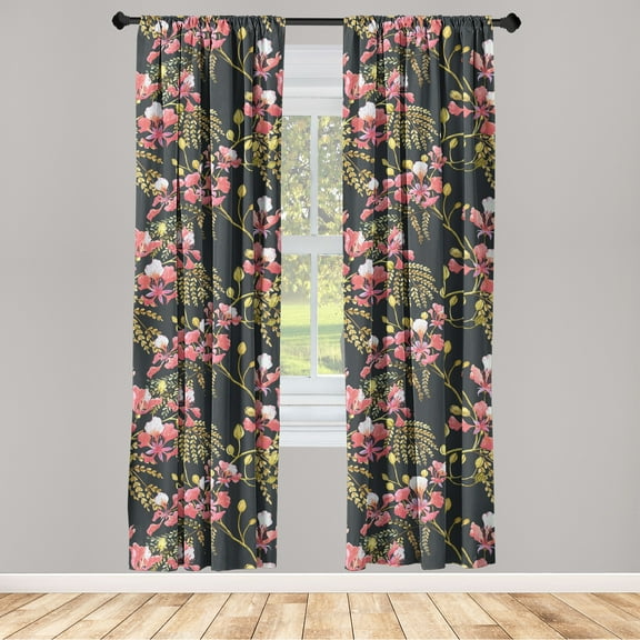 Spring Window Curtains, Branches with Flowers Leaves Art in Watercolor Hand-Drawn Style, Lightweight Decor 2-Panel Set with Rod Pocket, Pair of - 28"x63", Pale Fuchsia Khaki and Pink, by Ambesonne