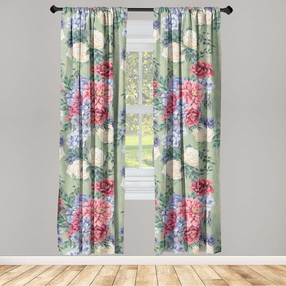 Spring Window Curtains, Fashion Theme Colorful Flowers Leaves Hand-Drawn Floral Ornament Art, Lightweight Decor 2-Panel Set with Rod Pocket, Pair of - 28"x84", Dried Rose Laurel Green, by Ambesonne