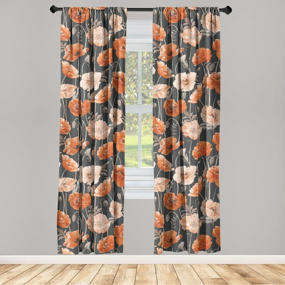 Spring Window Curtains, Repeating Hand-Drawn Watercolor Poppy Flowers Pattern Ornament Flora, Lightweight Decor 2-Panel Set with Rod Pocket, Pair of - 28"x63", Cinnamon Pale Chocolate, by Ambesonne