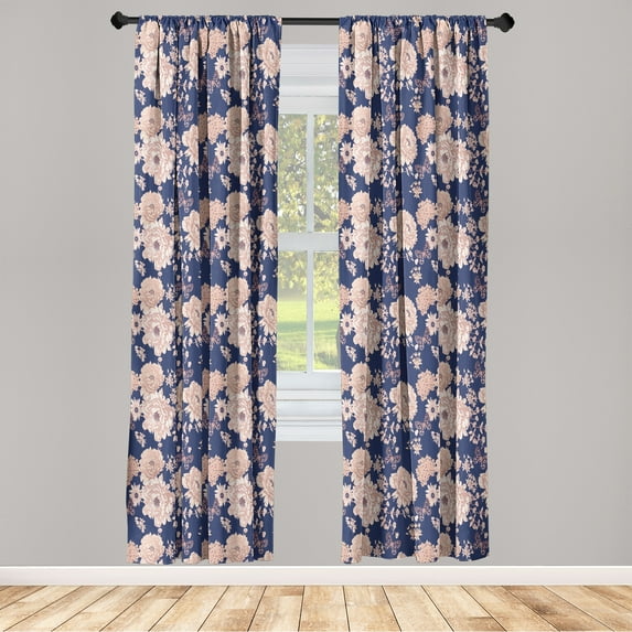 Spring Window Curtains, Vintage Asian Floral Inspired Butterfly and Dragonfly Sketches and Flowers, Lightweight Decor 2-Panel Set with Rod Pocket, Pair of - 28"x95", Indigo and Pale Rose, by Ambesonne
