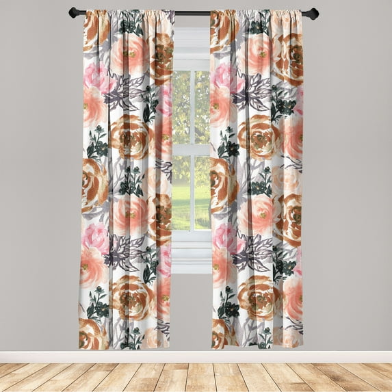 Spring Window Curtains, Watercolor Art Featuring Flowers Leaves Pattern on Plain Backdrop, Lightweight Decor 2-Panel Set with Rod Pocket, Pair of - 28"x63", Dark Peach and Pastel Pink, by Ambesonne