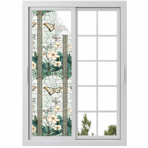 Spring Window Privacy Film, Butterfly Summer Botanical Flower Static Cling UV Sun Blocking Heat Control Window Tint Day and Night, Non-Adhesive Reusable One Way Windows Privacy Cover 17.7''x78.7''