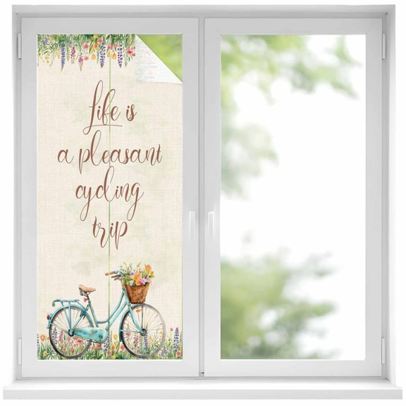 Spring Window Privacy Film, Country Bicycle Botanical Blossom Wild Flowers Static Cling UV Sun Blocking Heat Control Window Tint Day and Night, Non-Adhesive One Way Privacy Cover 17.7''x39.3''