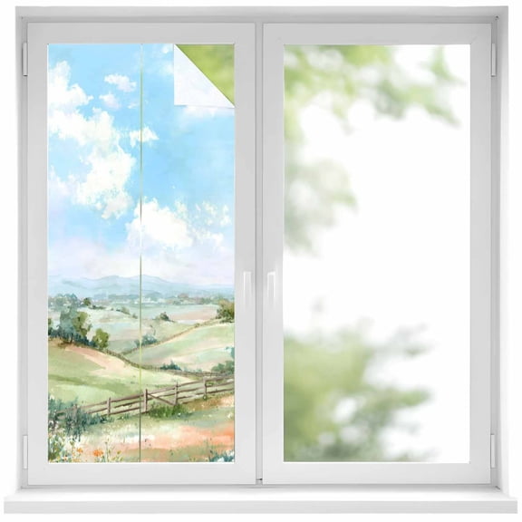 Spring Window Privacy Film, Grassland Blue Sky Trees Mountain Nature Scenery Static Cling UV Sun Blocking Heat Control Window Tint Day and Night, Non-Adhesive One Way Privacy Cover 17.7''x39.3''